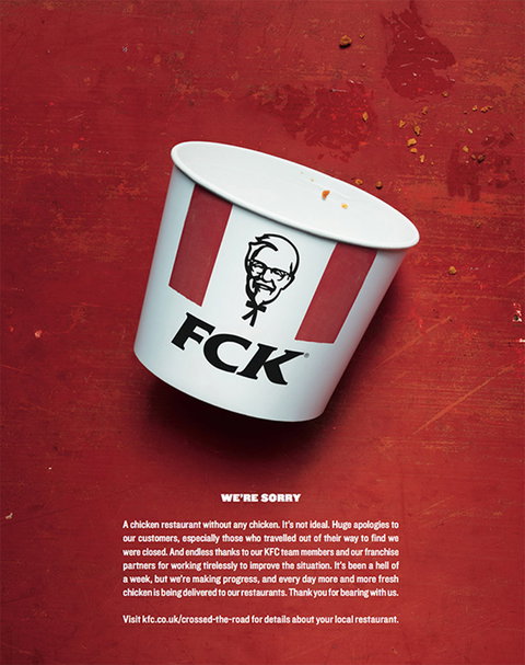KFC’s empty bucket with the letters rearranged above its apology.
